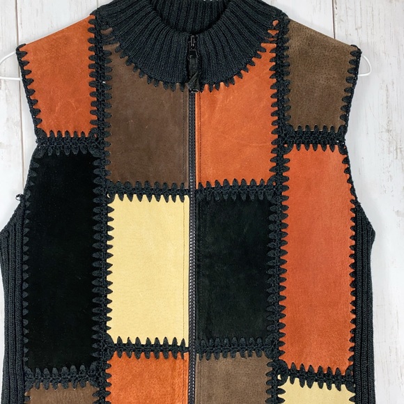 Planet & Company Suede Leather Sweater Zip Vest Colorblock Patchwork Sz M Petite - Picture 2 of 10